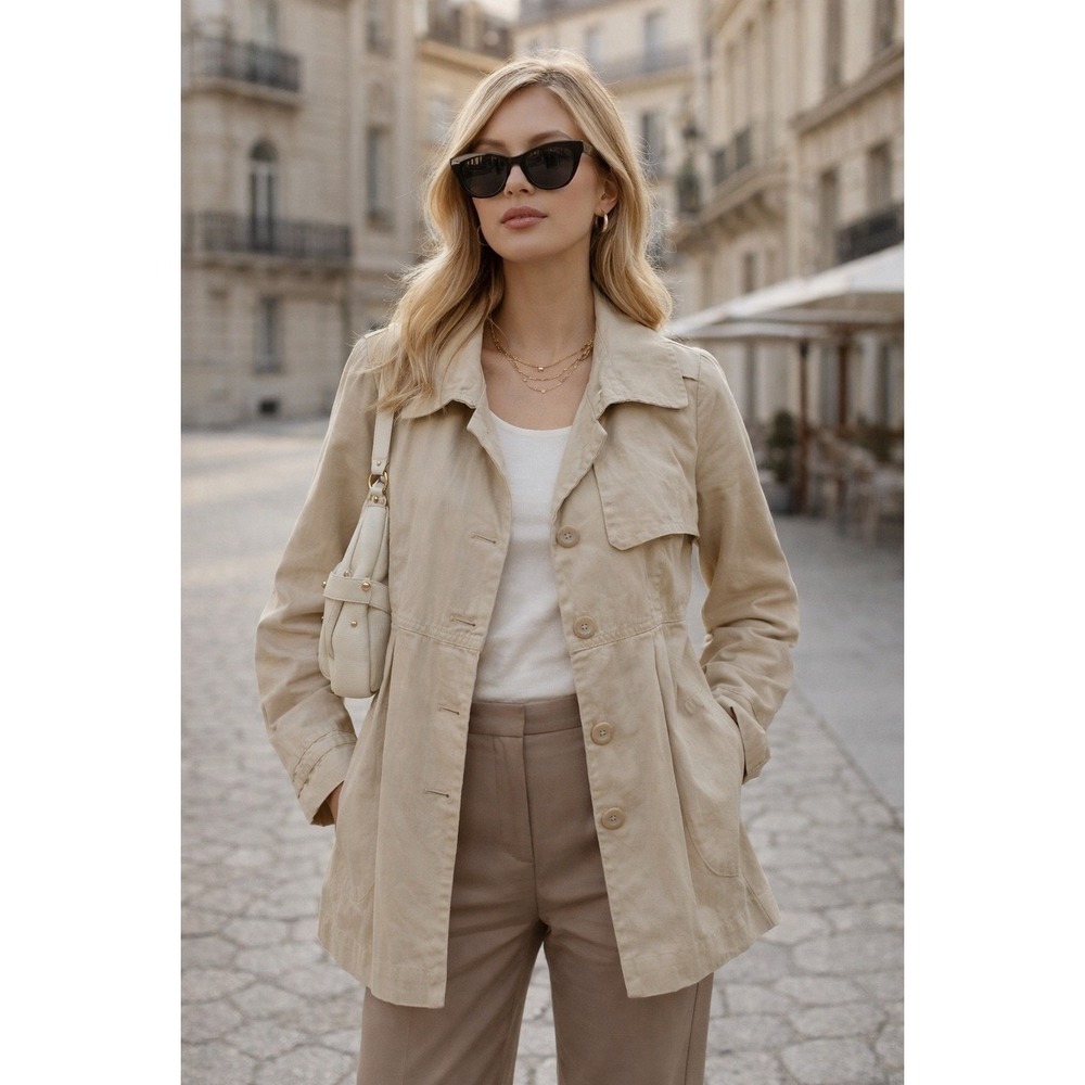 Sandro Sportswear Tan Cotton Blend Pleated Peplum Trench Jacket Size S